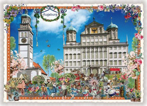 Städte-Postkarte, Augsburg Rathausplatz (Quer)