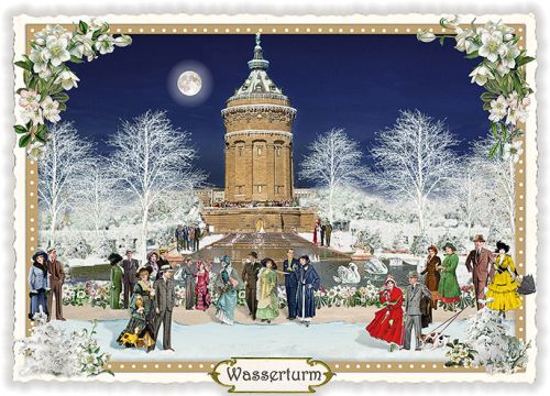 Städte-Postkarte, Weihnachten - Wasserturm, Mannheim (quer)