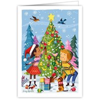 Children and dog decorating tree